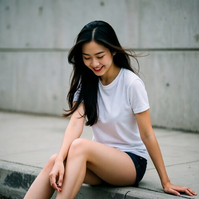 Asian woman sitting on concrete edge