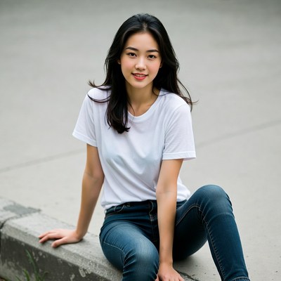 Asian woman sitting on concrete ledge