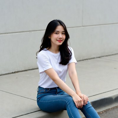 Asian woman sitting on curb smiling
