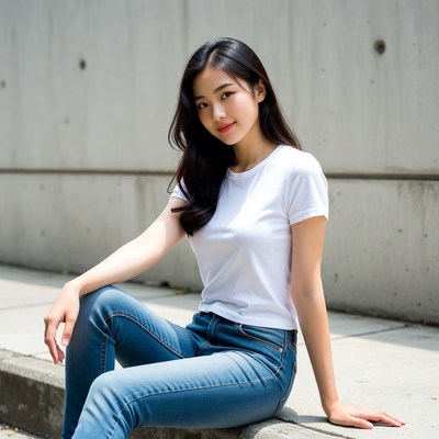 Asian woman sitting on concrete steps