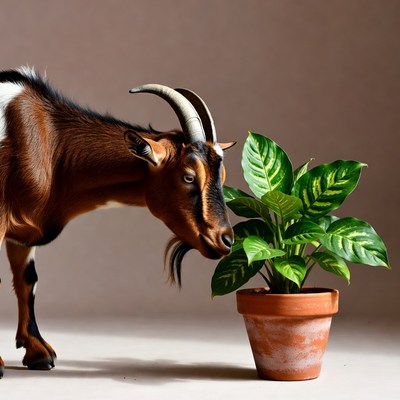 Goat sniffing potted plant