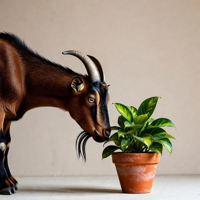 Goat sniffing potted plant