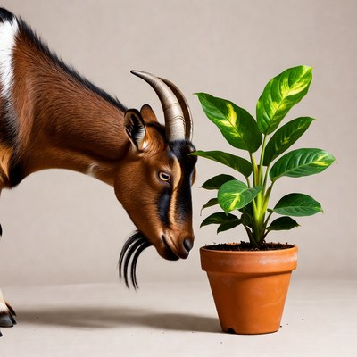 Goat sniffing potted plant