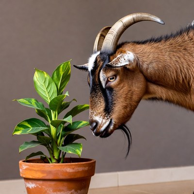 Goat sniffing potted plant