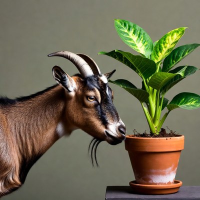 Goat sniffing potted plant