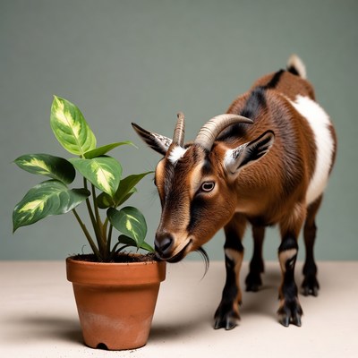 Goat eating potted plant