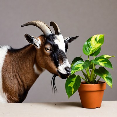 Goat eating potted houseplant