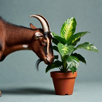 Goat sniffing potted plant