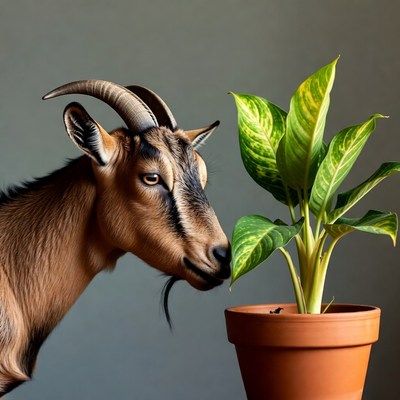 Goat sniffing potted plant