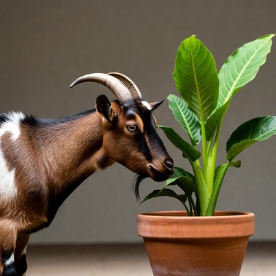 Goat eating houseplant in pot