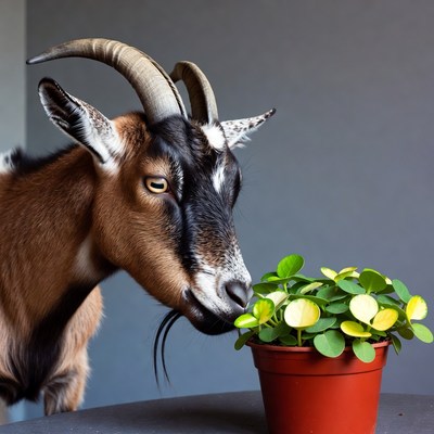 Goat eating potted plant