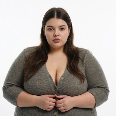 Curvy woman in gray cardigan