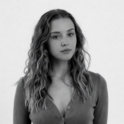 Woman with wavy hair in cardigan