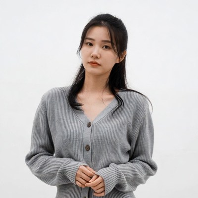 Asian woman in gray cardigan