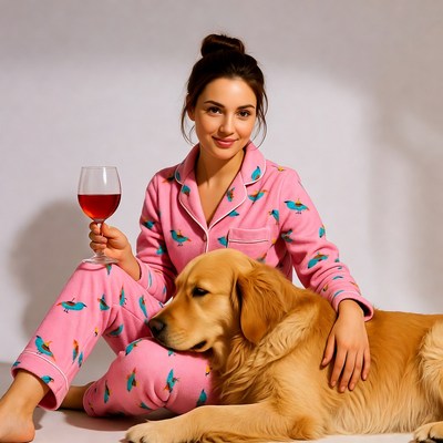 Woman in pink pajamas with golden retriever