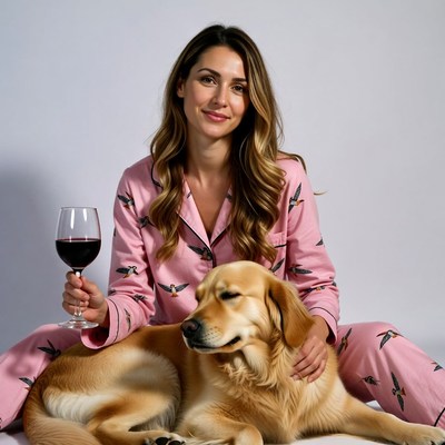 Woman in pink pajamas with golden retriever