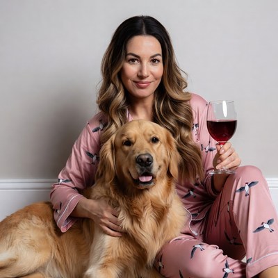 Woman with Golden Retriever holding red wine