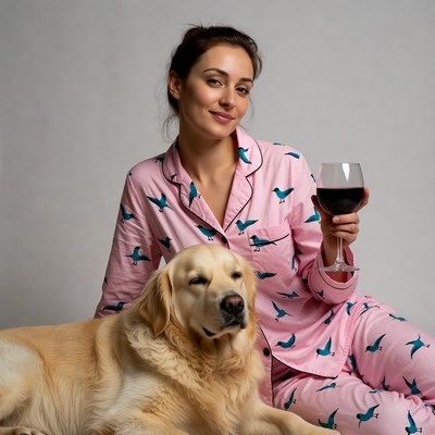 Woman in pink pajamas with golden retriever