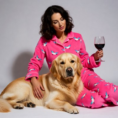 Woman in pink pajamas with golden retriever