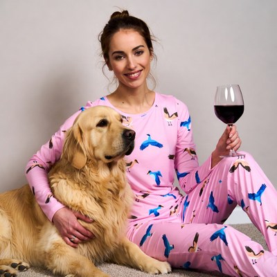 Woman in pink pajamas with golden retriever