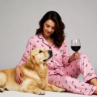 Woman in pajamas with golden retriever