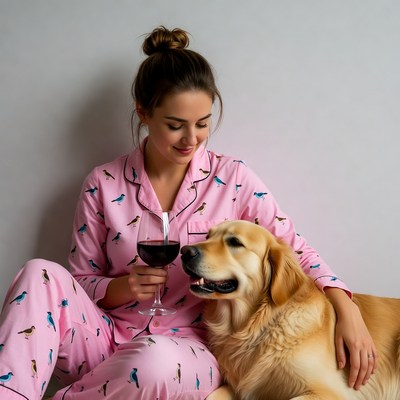Woman in pajamas holding wine with golden retriever