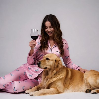 Woman in swan pajamas with golden retriever