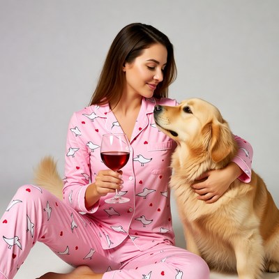 Woman in pink pajamas with golden retriever