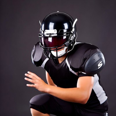 Football player in black uniform crouching