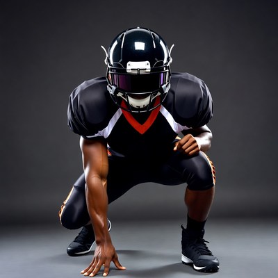 African-American football player in crouch