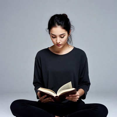 Asian woman reading book cross-legged