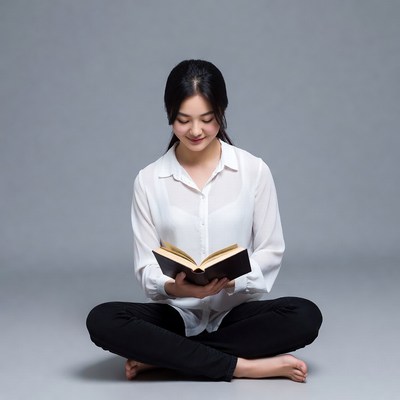 Asian woman reading book sitting