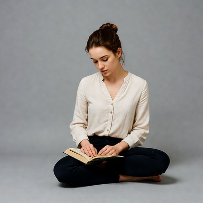 Young woman reading book sitting cross-legged