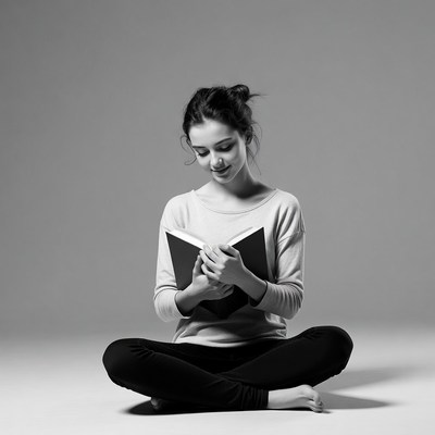Woman reading book sitting cross-legged