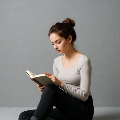 Young woman reading book on floor