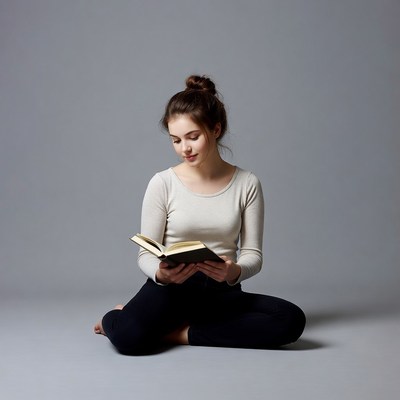 Girl reading book cross-legged
