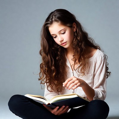 Girl reading book cross-legged