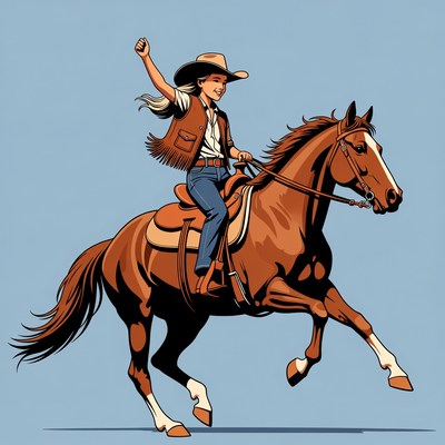 Cowgirl Riding Horse with Raised Arm