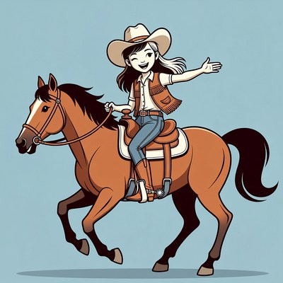 Girl riding horse with cowboy hat