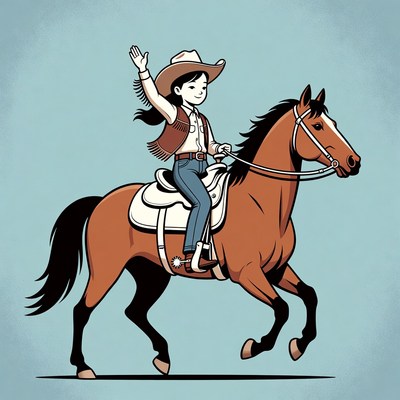 Asian girl waving on horse