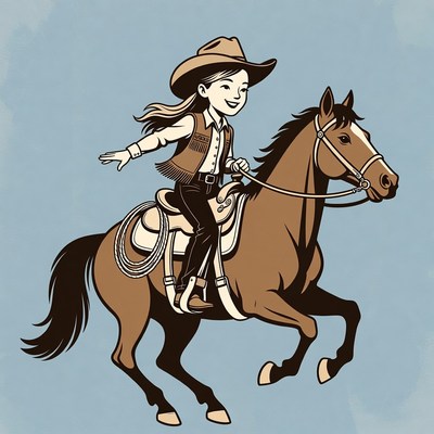 Girl riding horse in cowboy outfit