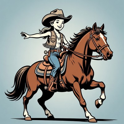 Girl Riding Horse in Cowboy Outfit