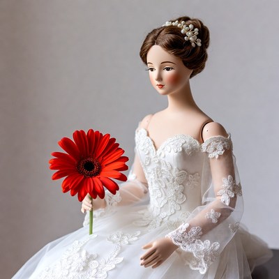 Asian doll in white wedding dress holding red gerbera