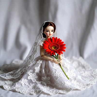 Bride Doll Holding Red Gerbera Daisy