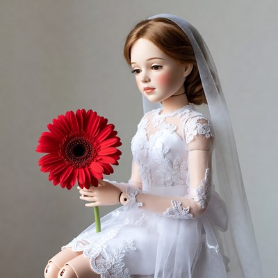 Doll bride holding red gerbera