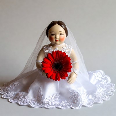 Asian bride doll holding red daisy
