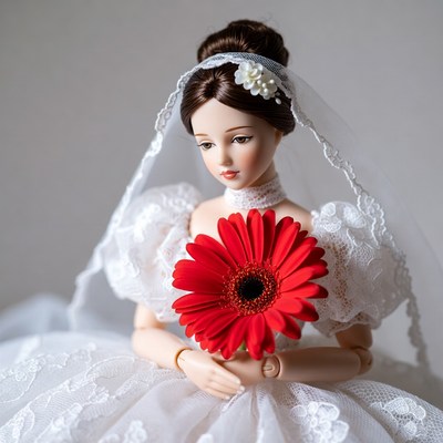 Bride Doll Holding Red Daisy