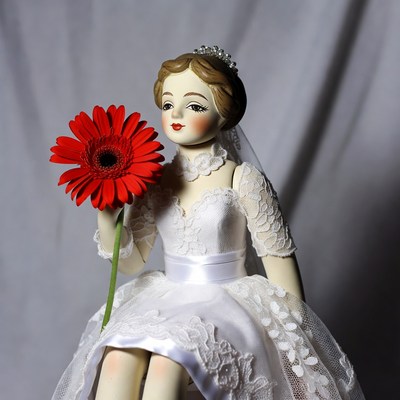 Porcelain Bride Doll Holding Red Gerbera
