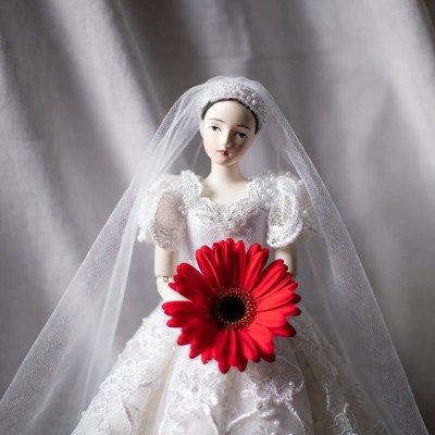 Porcelain Bride Doll Holding Red Gerbera