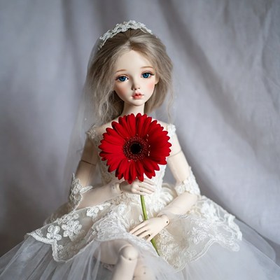 Ball-Jointed Doll Holding Red Gerbera